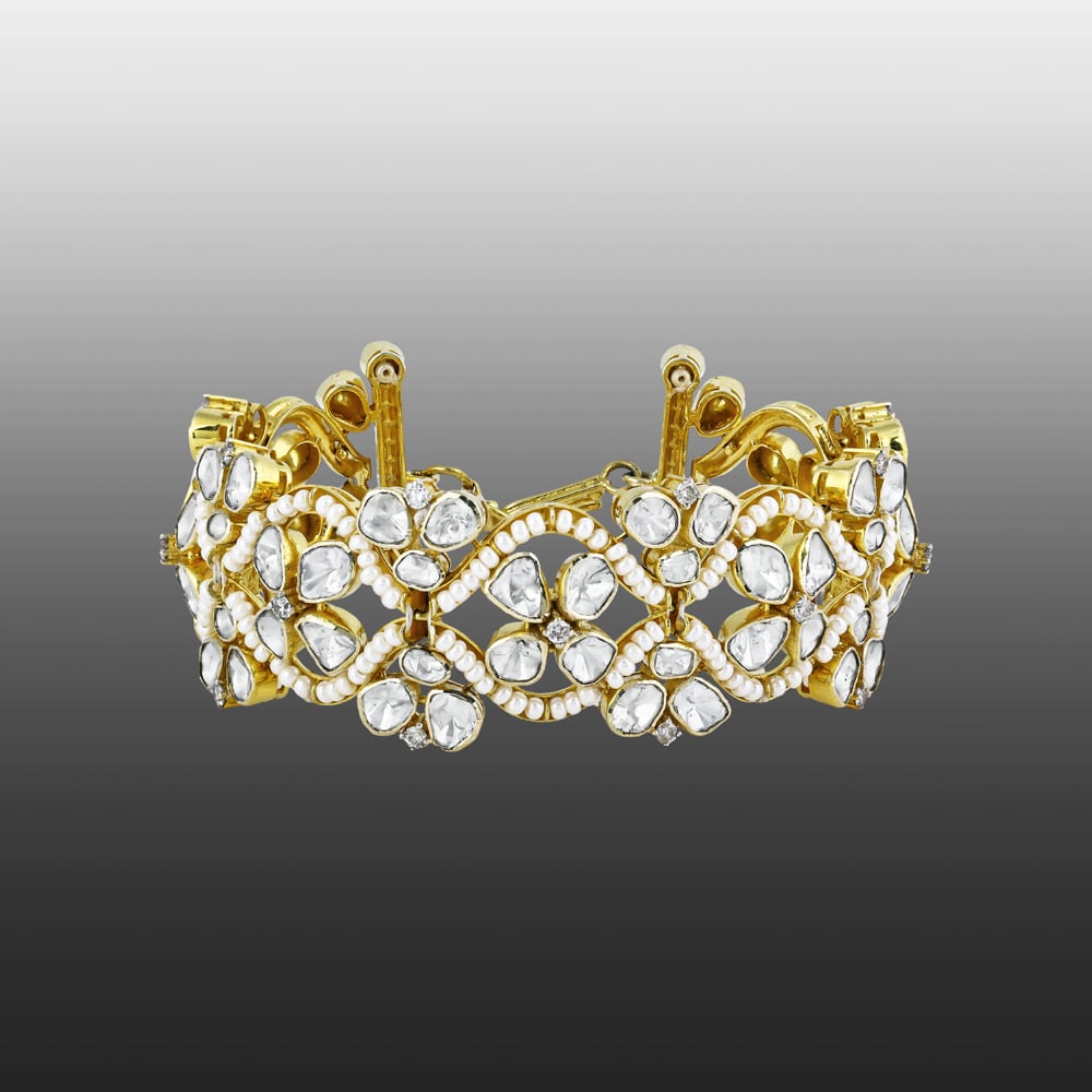 Floral Polki Bracelet with Lattice Design and Gold Clasp